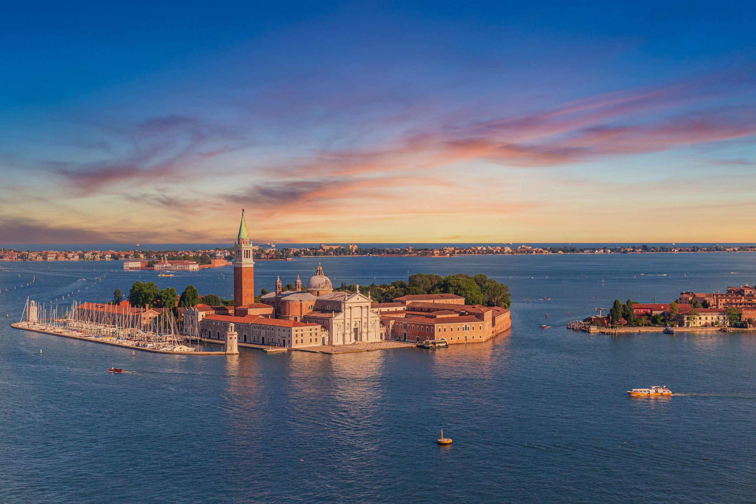 Church Of San Giorgio Maggiore Surrounded By Canals During The Sunset In Venice, Italy